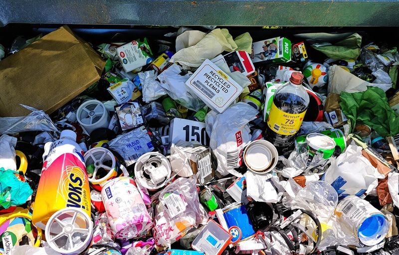 Green recycling bin overflowing with sorted materials.