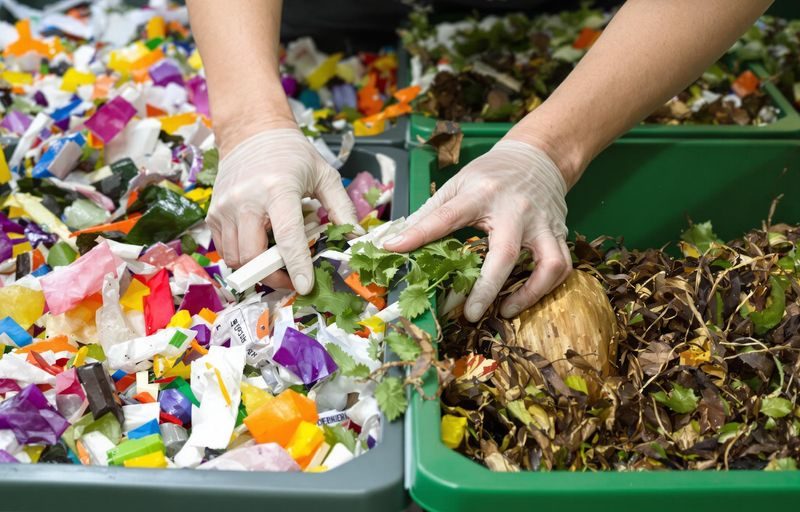 Hands sorting colorful waste into distinct bins.